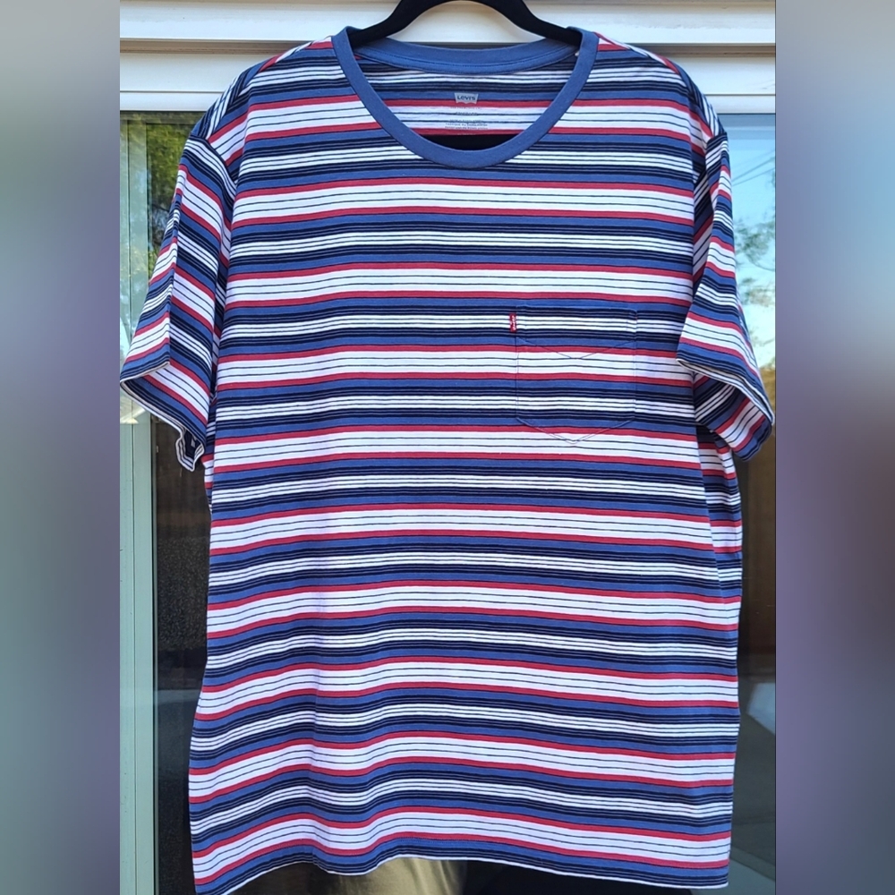 Men’s Levi’s Classic Pocket Striped Blue Red T-shirt - Size XL - Picture 4 of 17